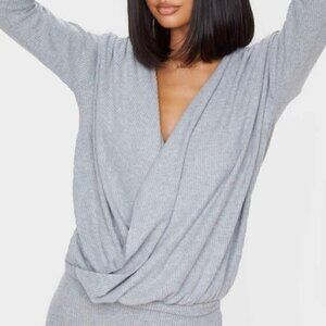 Project Social T UO Faux Wrap Crossover Top Gray Waffle Knit Lounge Wear S
